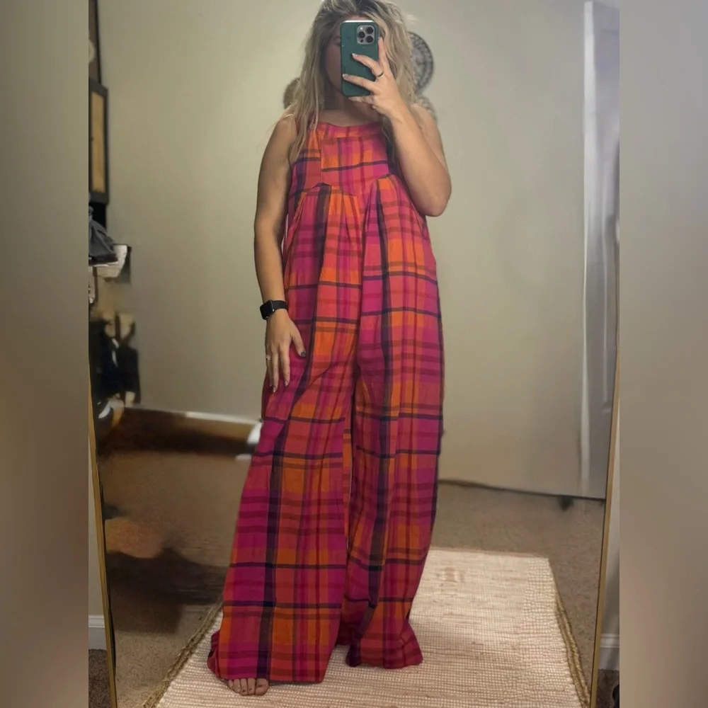 BiBi Vibrant Pink and Orange Plaid Jumpsuit - Picture 1 of 6